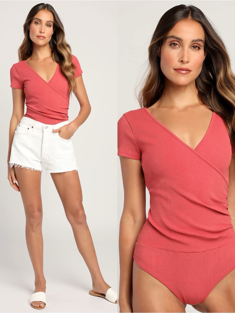 LULU’S All Day Fave Rusty Rose Ribbed Surplice Short Sleeve Bodysuit